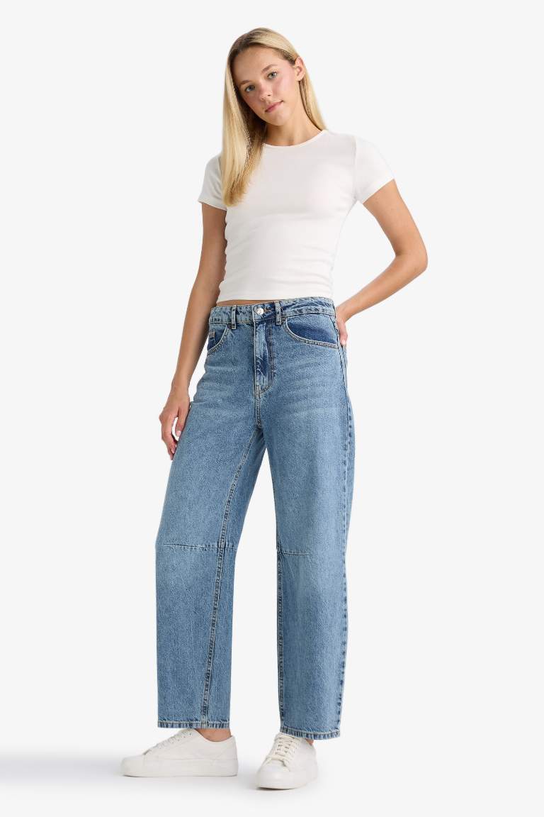 Barrel Fit Normal Bel Bilek Boy Jean Yıkamalı Pantolon