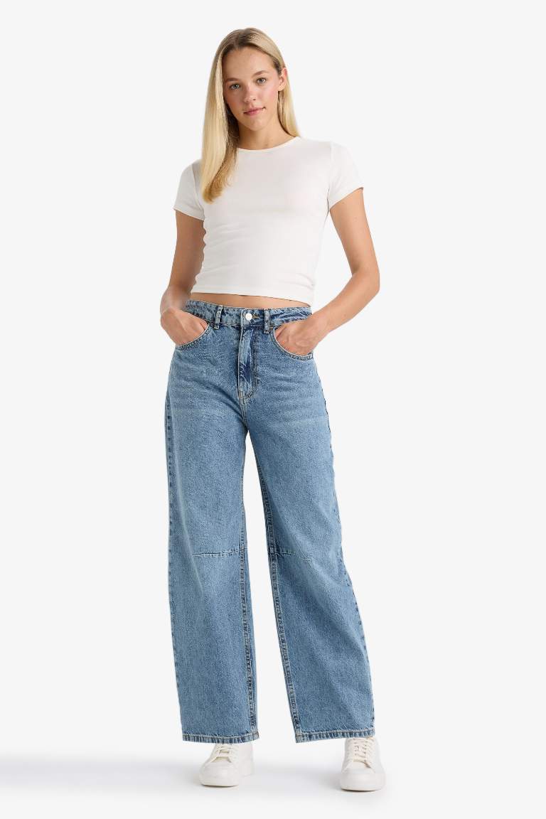 Barrel Fit Normal Bel Bilek Boy Jean Yıkamalı Pantolon