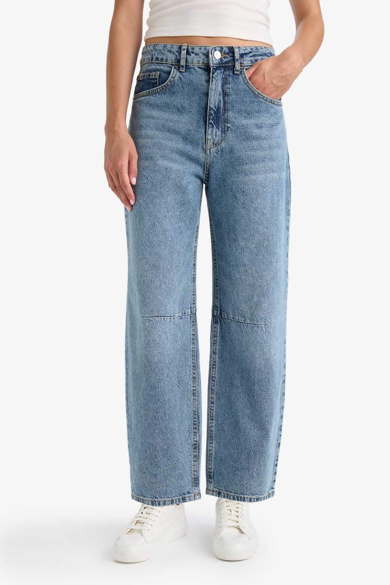 Barrel Fit Normal Bel Bilek Boy Jean Yıkamalı Pantolon