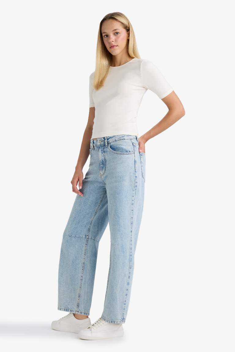 Barrel Fit Normal Bel Bilek Boy Jean Yıkamalı Pantolon