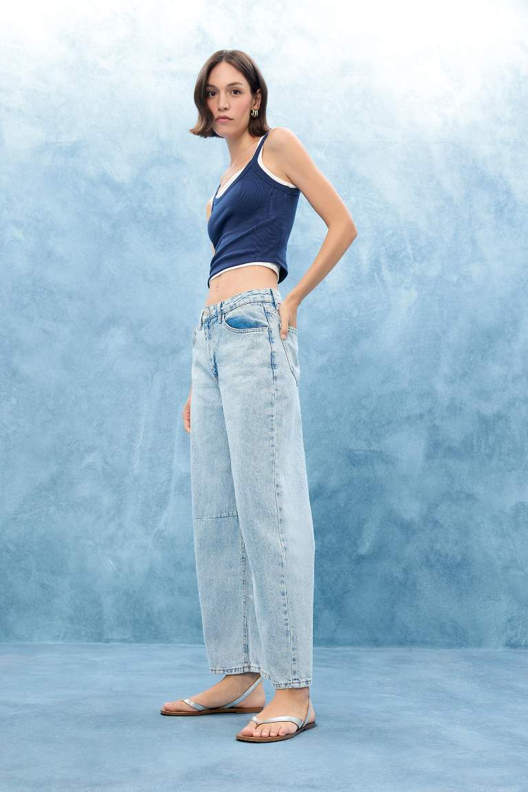 Barrel Fit Normal Bel Bilek Boy Jean Yıkamalı Pantolon