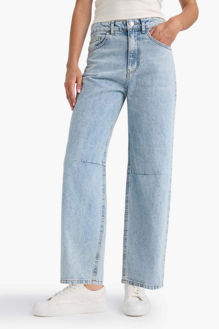 Barrel Fit Normal Bel Bilek Boy Jean Yıkamalı Pantolon