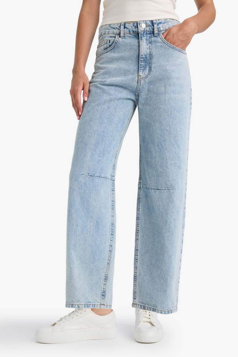 Barrel Fit Normal Bel Bilek Boy Jean Yıkamalı Pantolon