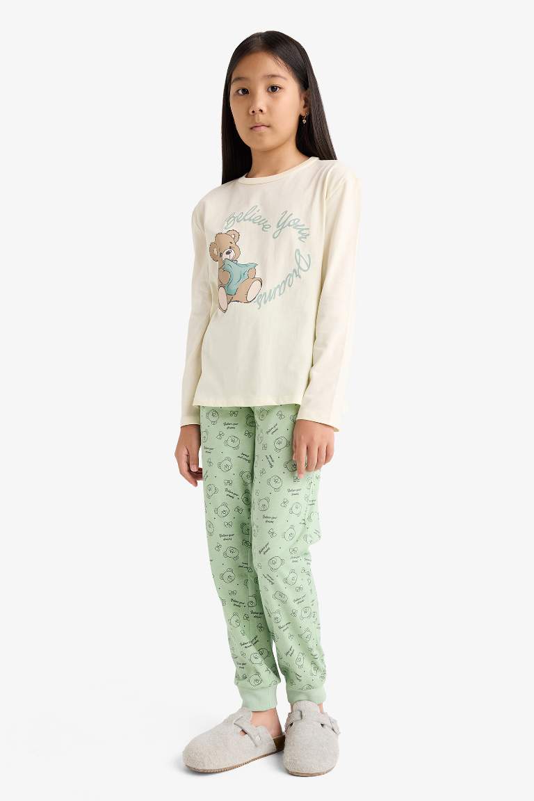 Kız Çocuk Pijama Takımı Baskılı Uzun Kollu Üst Desenli Uzun Alt