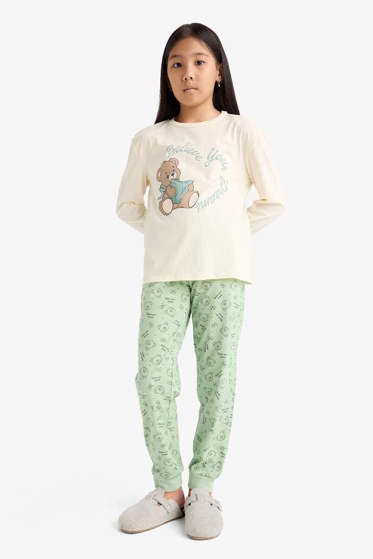 Kız Çocuk Pijama Takımı Baskılı Uzun Kollu Üst Desenli Uzun Alt