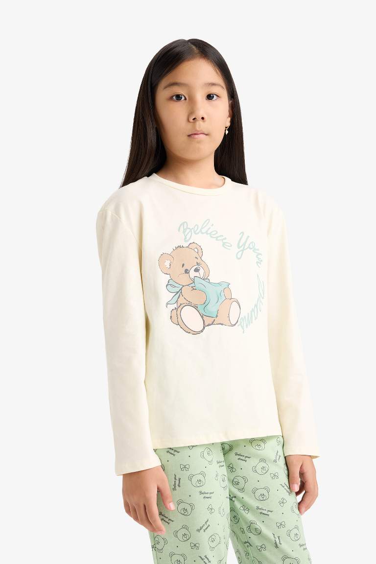 Kız Çocuk Pijama Takımı Baskılı Uzun Kollu Üst Desenli Uzun Alt