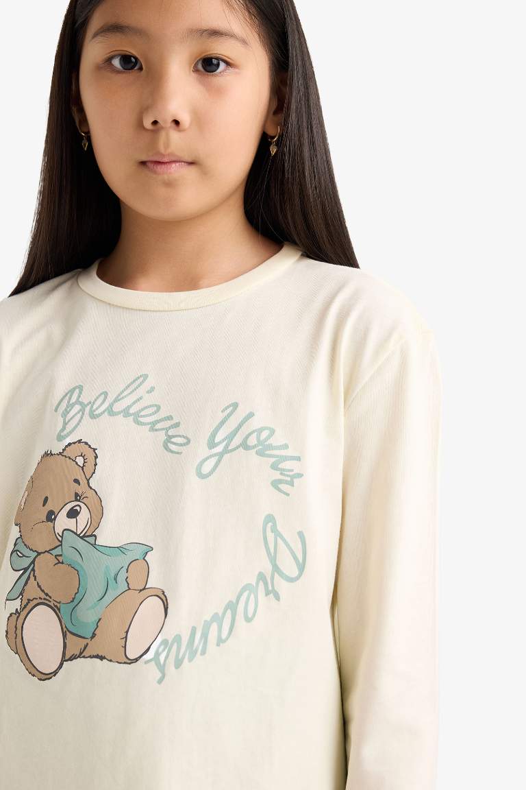 Kız Çocuk Pijama Takımı Baskılı Uzun Kollu Üst Desenli Uzun Alt