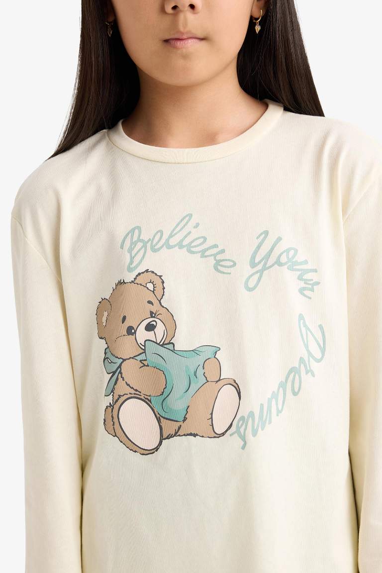 Kız Çocuk Pijama Takımı Baskılı Uzun Kollu Üst Desenli Uzun Alt