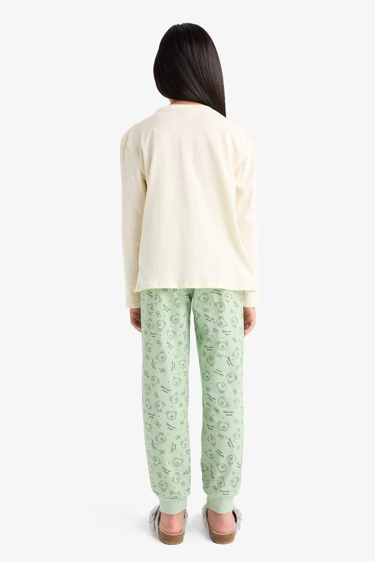 Kız Çocuk Pijama Takımı Baskılı Uzun Kollu Üst Desenli Uzun Alt