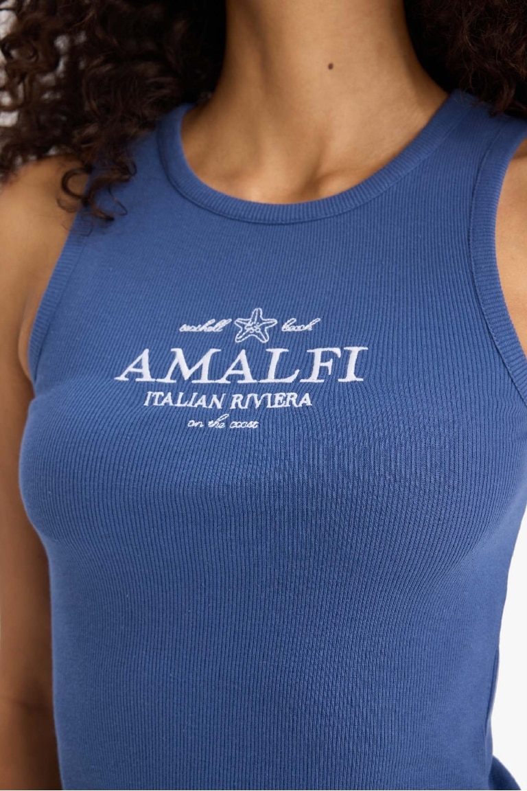 Slim Fit Dar Kesim Baskılı Halter Yaka Fitilli Kaşkorse Atlet