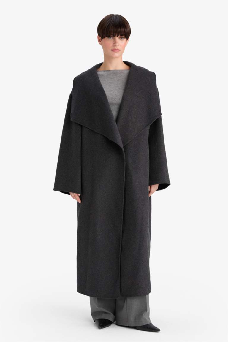 Regular Fit Düğmeli Uzun Kaşe Kaban