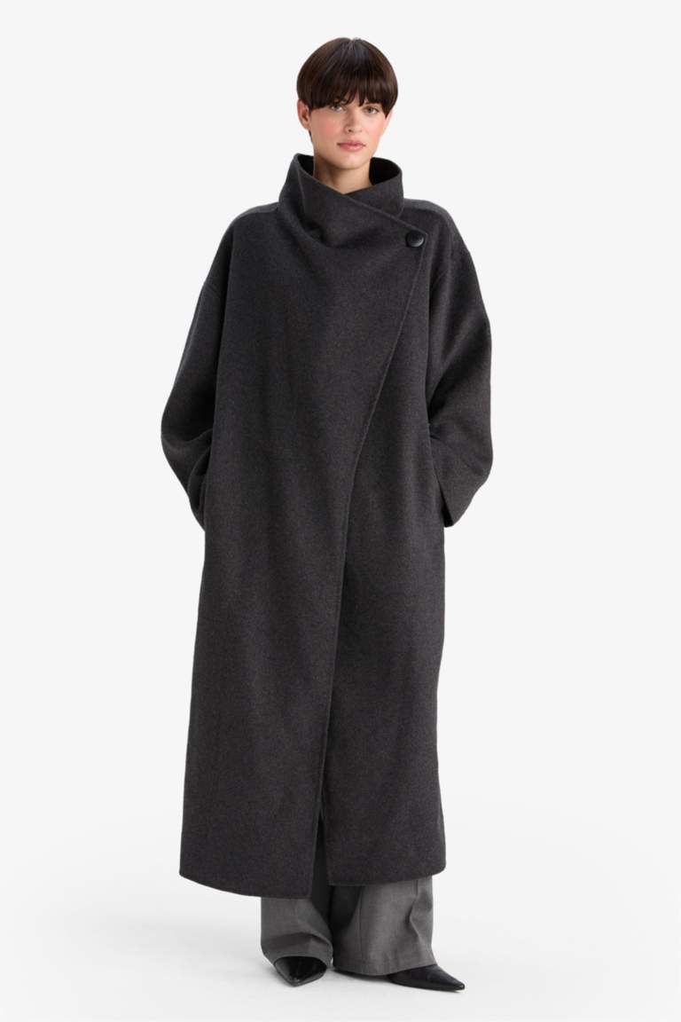 Regular Fit Düğmeli Uzun Kaşe Kaban