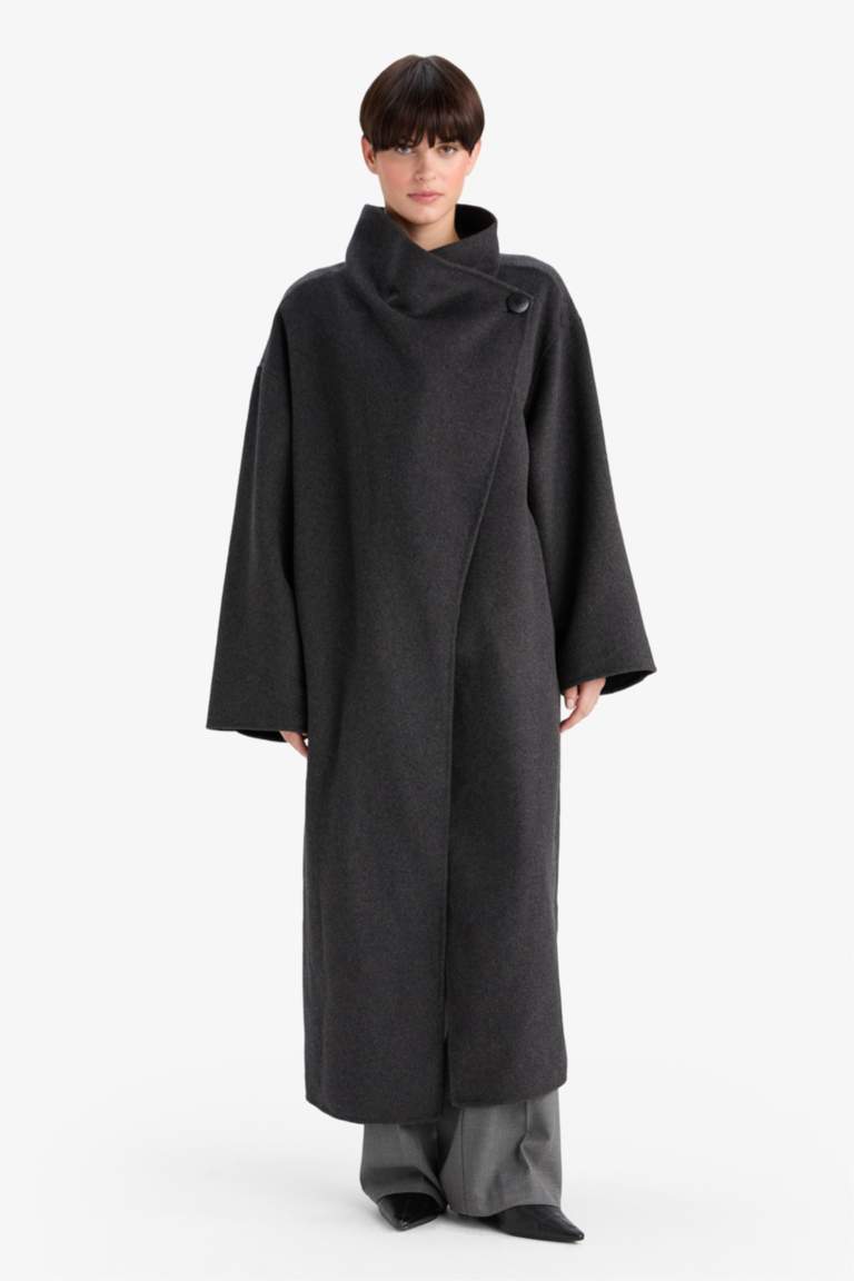 Regular Fit Düğmeli Uzun Kaşe Kaban