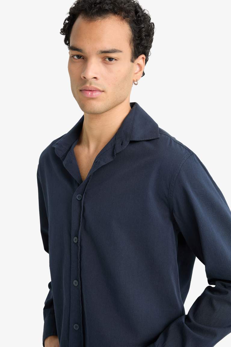 Regular Fit Polo Neck Woven Long Sleeve Shirt