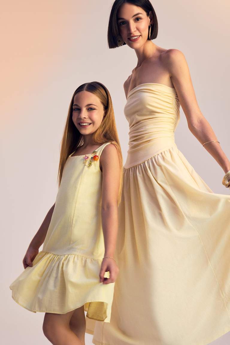 Regular Fit Round Neck Flounce Cotton Sleeveless Dress