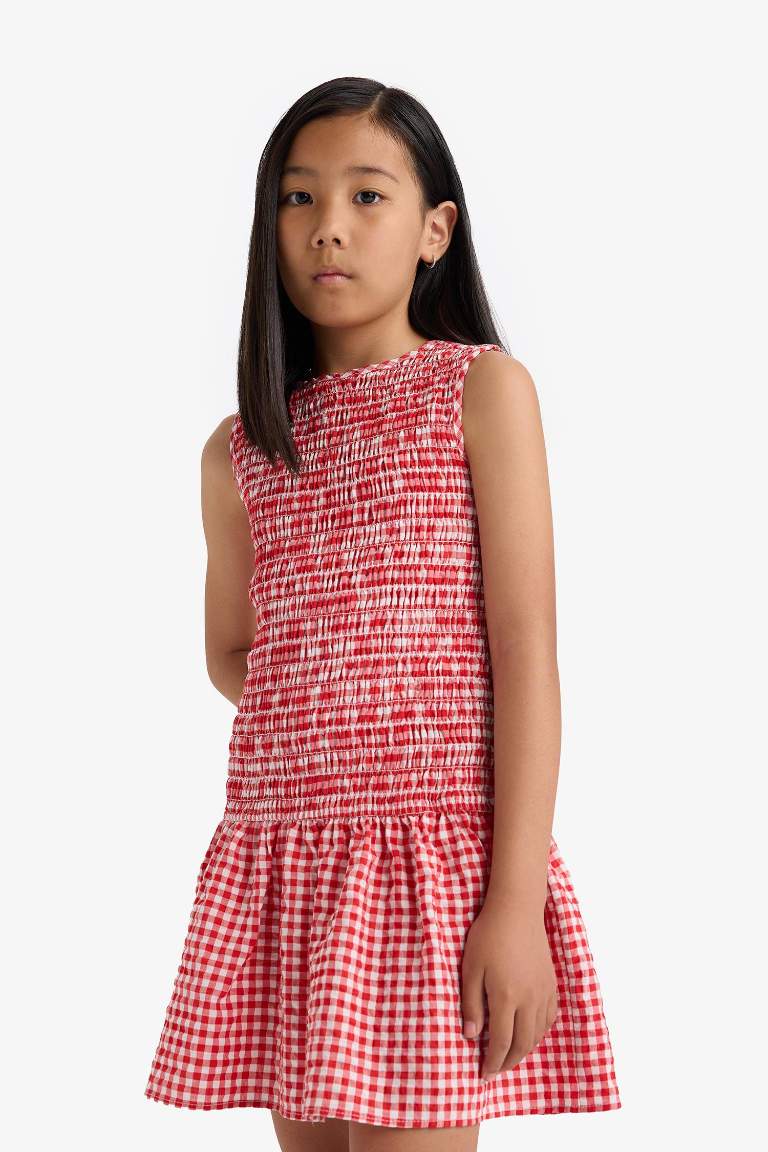 Girl Crew Neck Checkered Sleeveless Dress