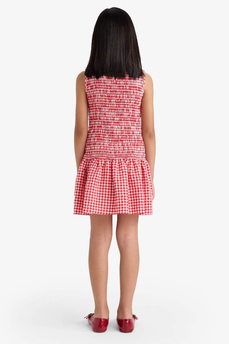 Girl Crew Neck Checkered Sleeveless Dress
