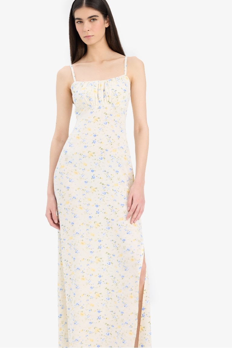 V Neck Floral Crinkle Viscose Sleeveless Midi Dress
