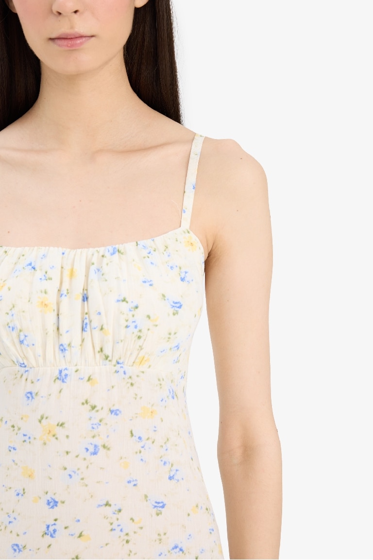 V Neck Floral Crinkle Viscose Sleeveless Midi Dress