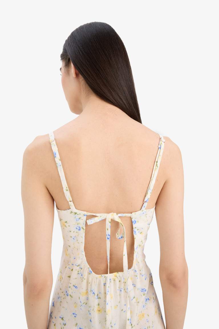 V Neck Floral Crinkle Viscose Sleeveless Midi Dress