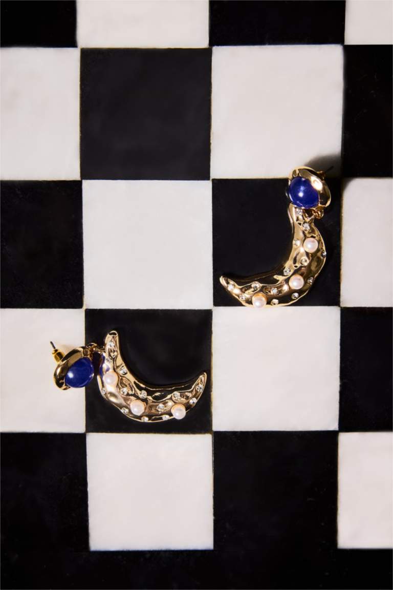 Kadın Mavi Taşlı Gold Küpe