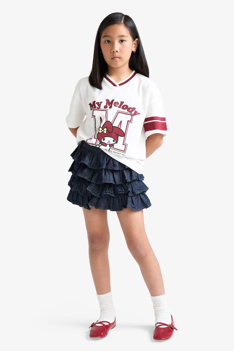 Қыздарға Hello Kitty Лицензиялық v жаға қысқа жеңді Қысқа жеңді футболка