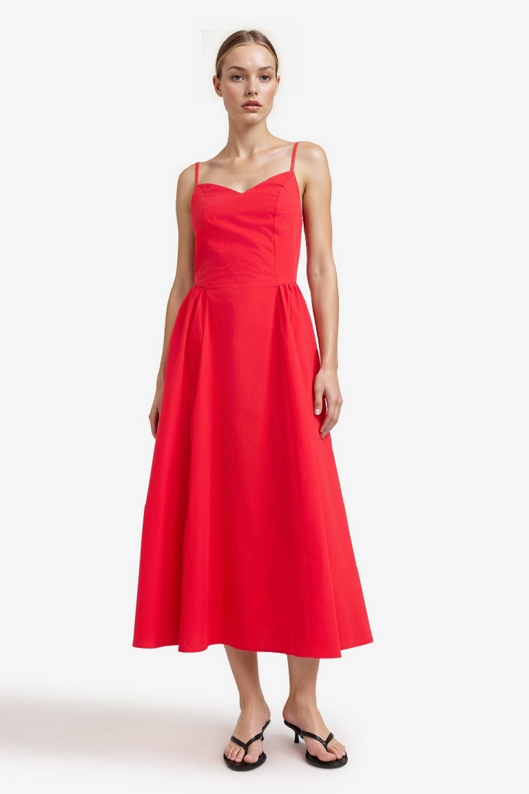 V Yaka Poplin Askılı Midi Elbise