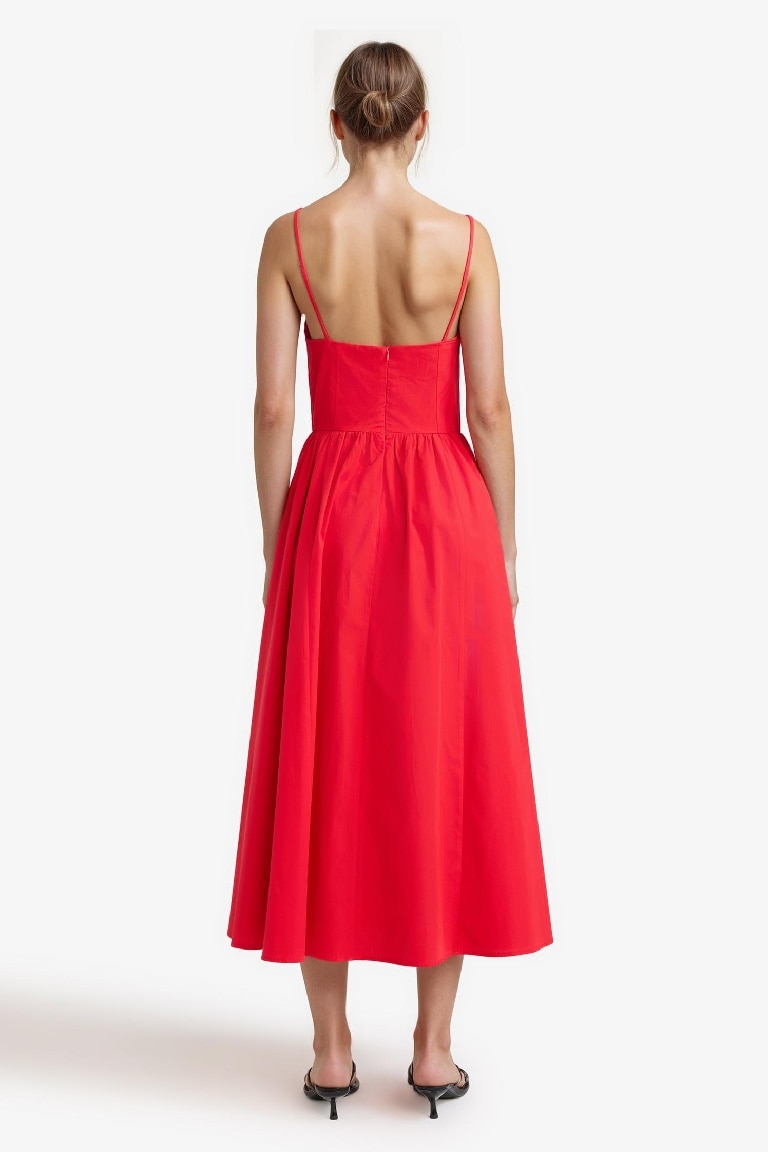 V Yaka Poplin Askılı Midi Elbise