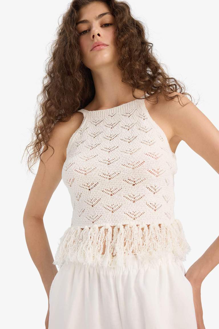 Slim Fit Dar Kesim Püskül Detaylı Triko Atlet