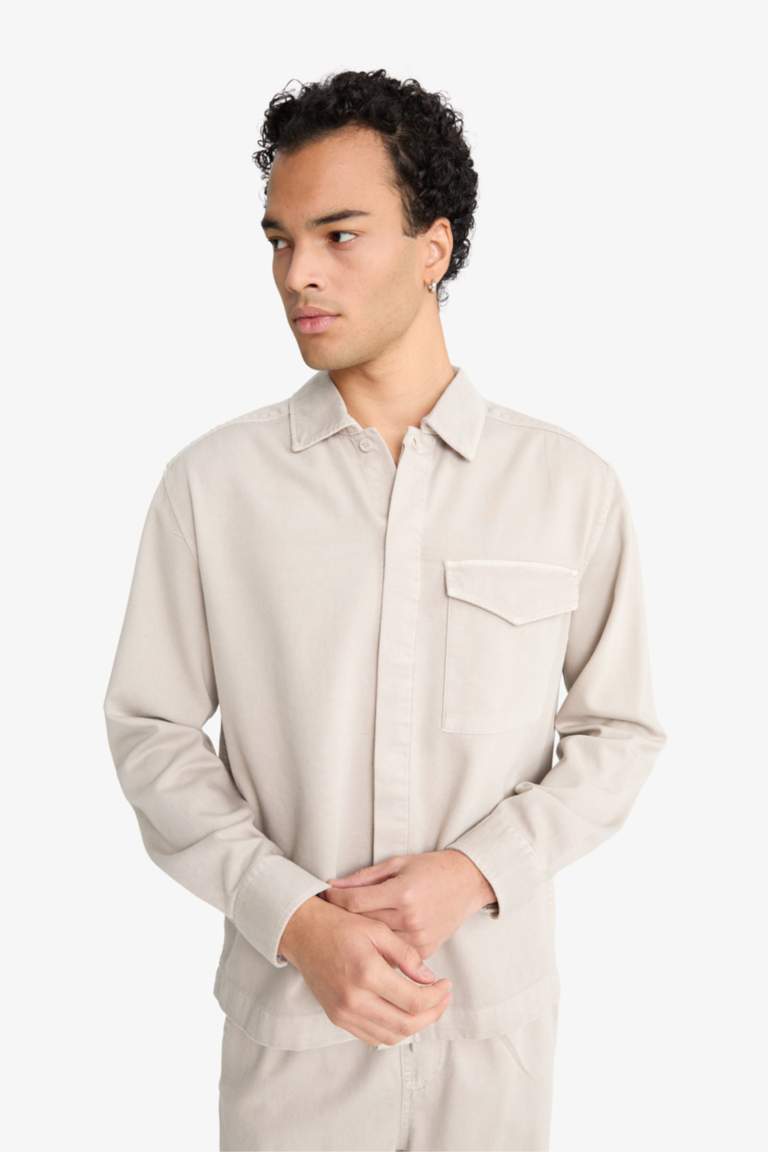Boxy Fit Polo Neck Twill Long Sleeve Shirt