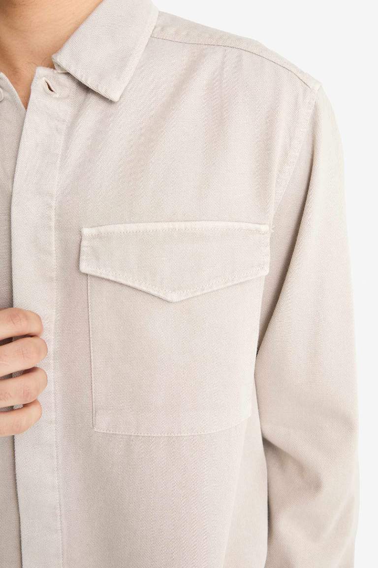 Boxy Fit Polo Neck Twill Long Sleeve Shirt