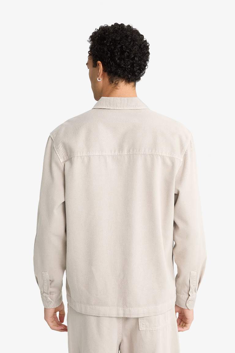 Boxy Fit Polo Neck Twill Long Sleeve Shirt