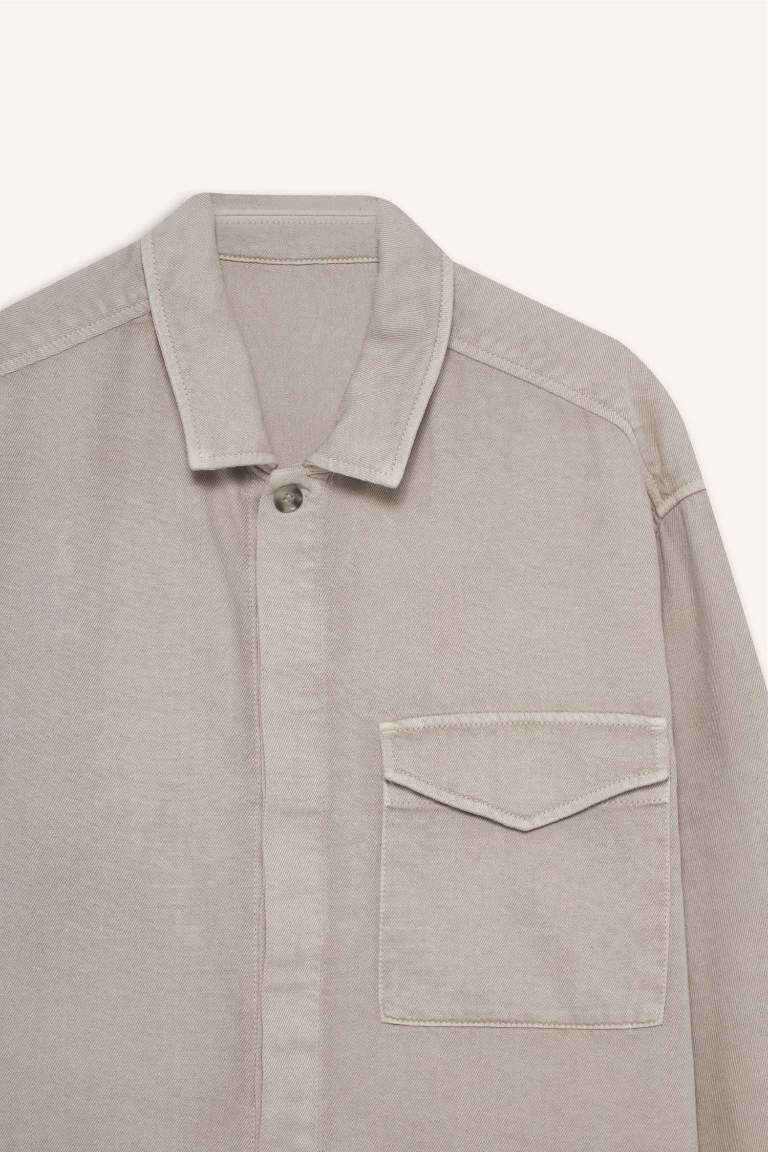 Boxy Fit Polo Neck Twill Long Sleeve Shirt