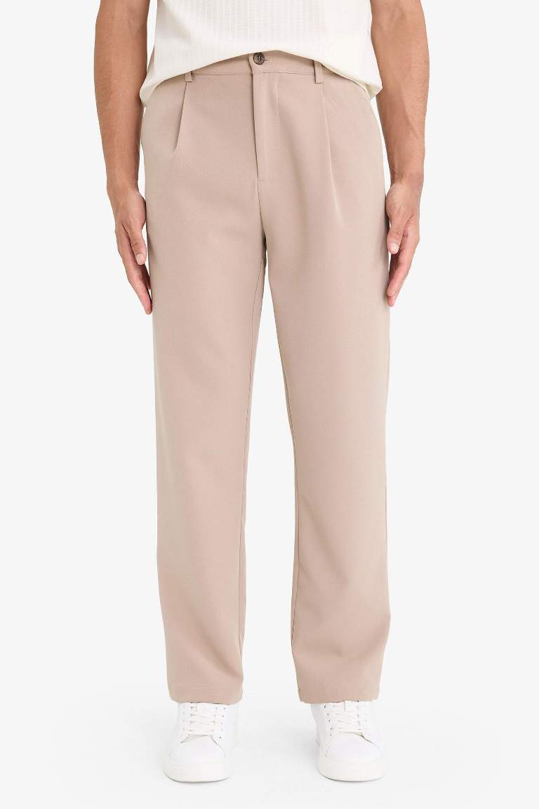 Straight Fit Pileli Cepli Düz Paça Kumaş Pantolon