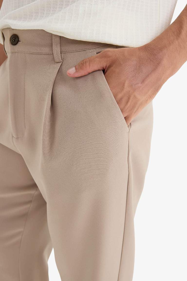 Straight Fit Pileli Cepli Düz Paça Kumaş Pantolon