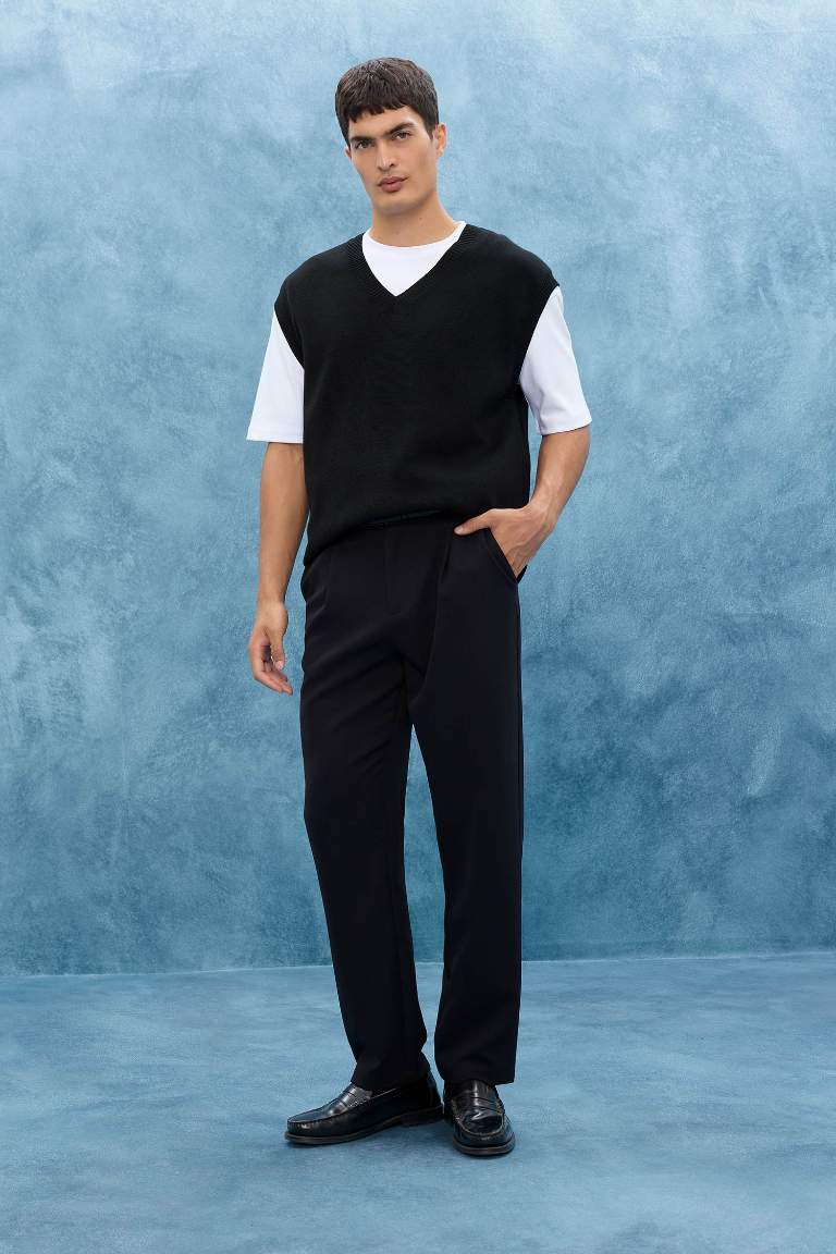 Straight Fit Pileli Cepli Düz Paça Kumaş Pantolon