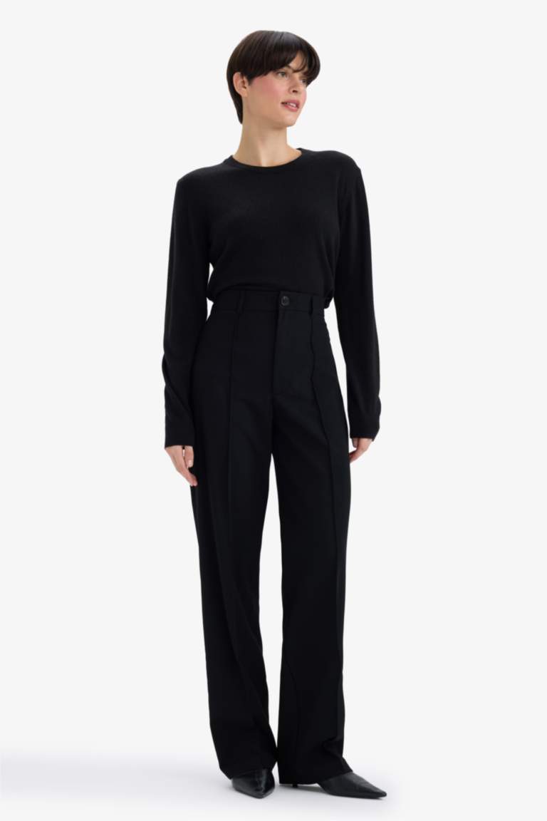 Straight Fit High Waist Twill Trousers