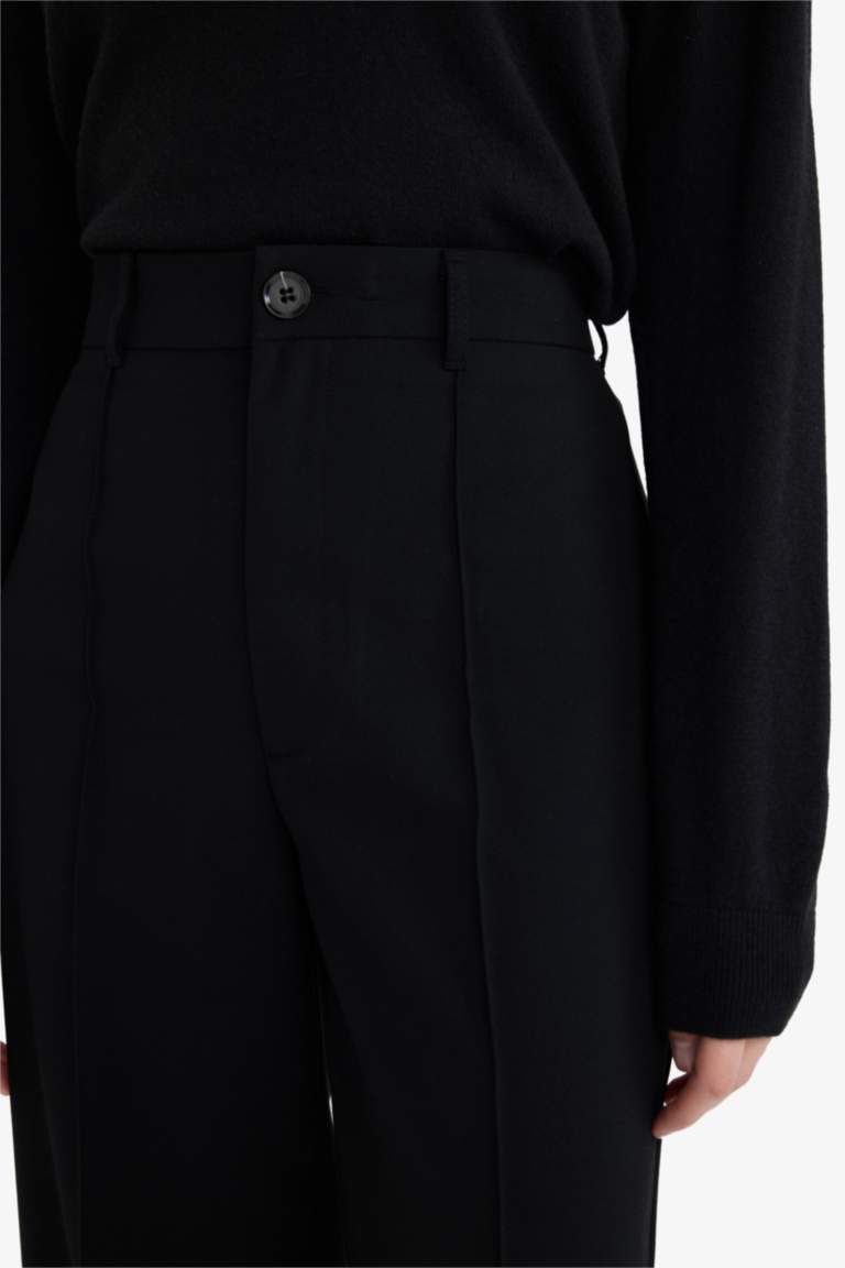 Straight Fit High Waist Twill Trousers