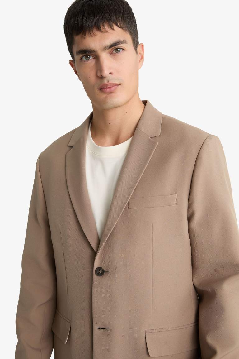 Slim Fit Dar Kesim Twill Düğmeli Blazer Ceket