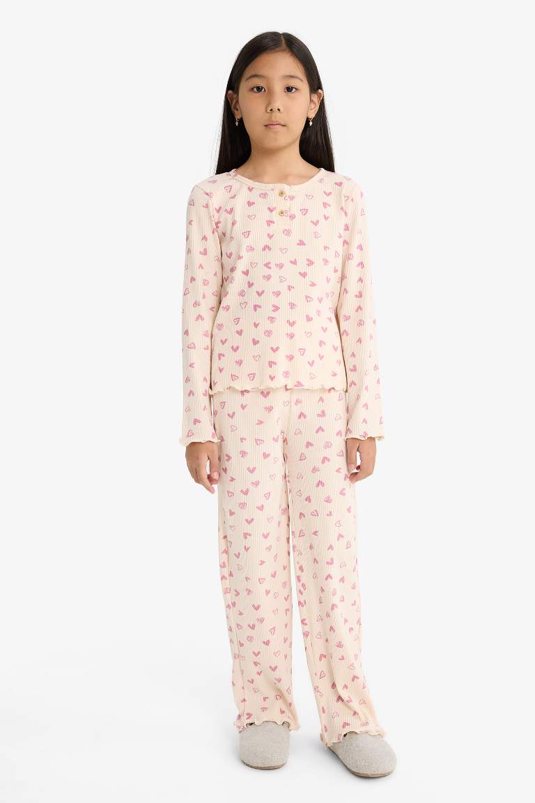 Girl Ribbed Heart Patterned Top Bottom 2 Piece Pajama Set