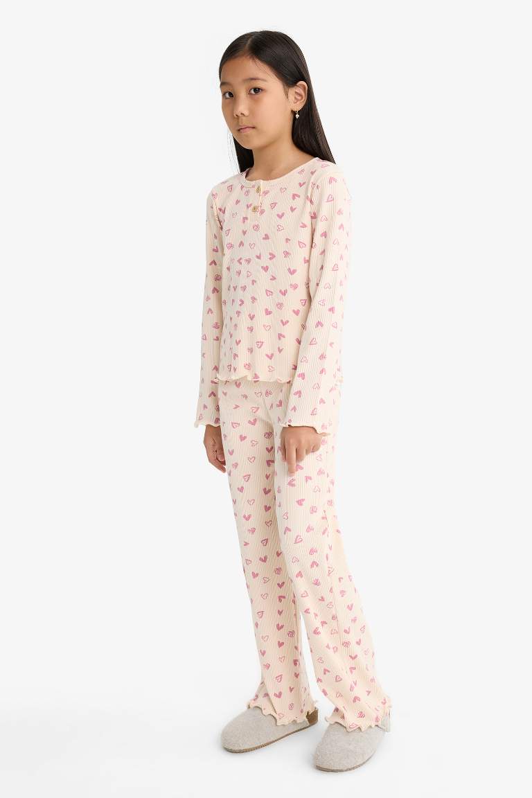 Girl Ribbed Heart Patterned Top Bottom 2 Piece Pajama Set