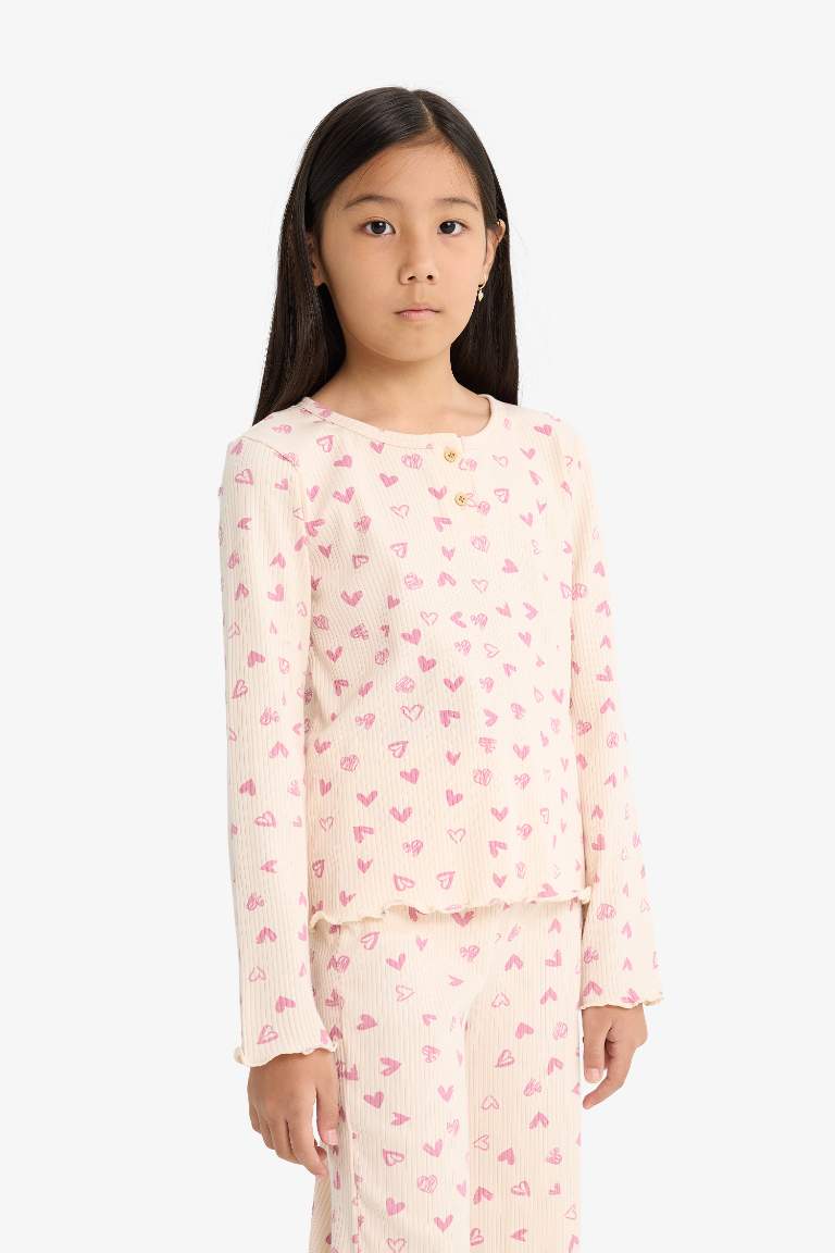 Girl Ribbed Heart Patterned Top Bottom 2 Piece Pajama Set