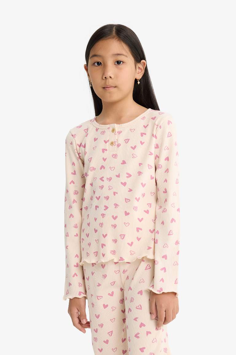 Girl Ribbed Heart Patterned Top Bottom 2 Piece Pajama Set