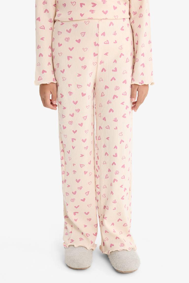Girl Ribbed Heart Patterned Top Bottom 2 Piece Pajama Set