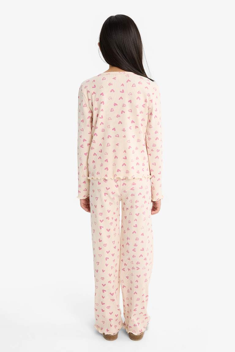 Girl Ribbed Heart Patterned Top Bottom 2 Piece Pajama Set
