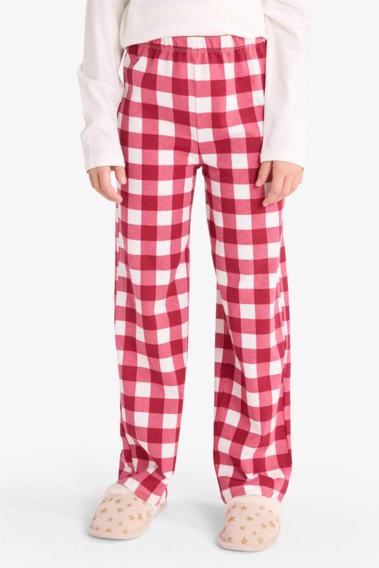 Kız Çocuk Pijama Takımı Baskılı Uzun Kollu Üst Kareli Uzun Alt