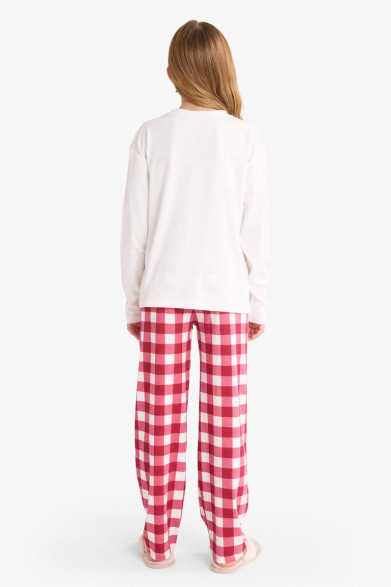 Kız Çocuk Pijama Takımı Baskılı Uzun Kollu Üst Kareli Uzun Alt