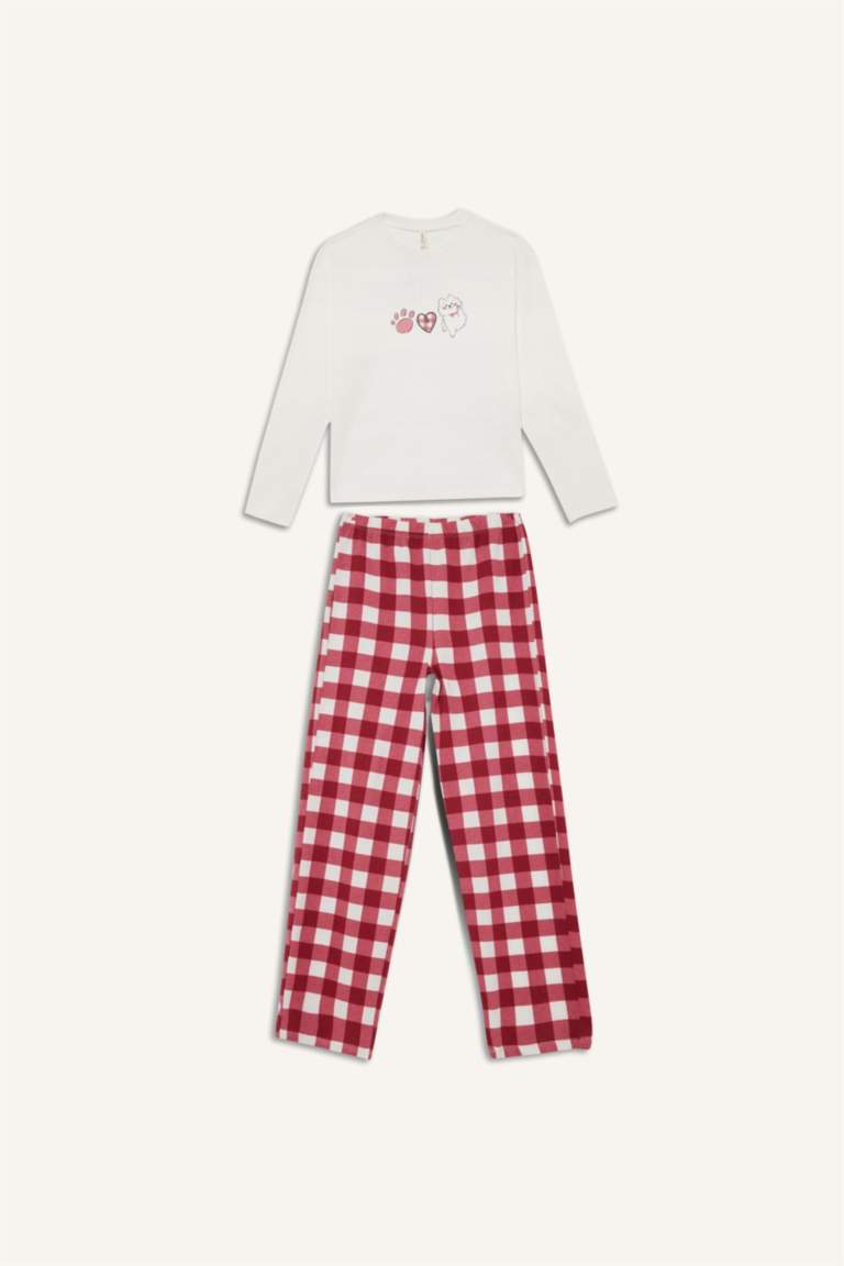 Kız Çocuk Pijama Takımı Baskılı Uzun Kollu Üst Kareli Uzun Alt