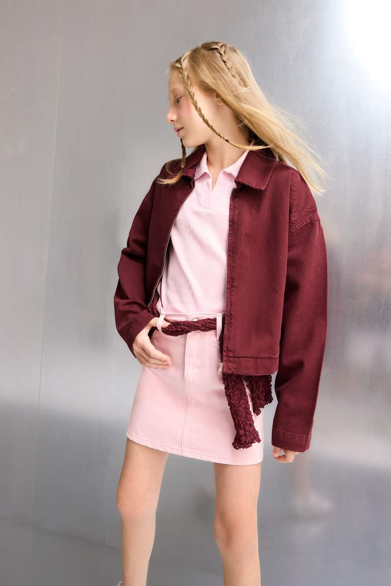 Kız Çocuk Okul Gabardin Fermuarlı Crop Ceket