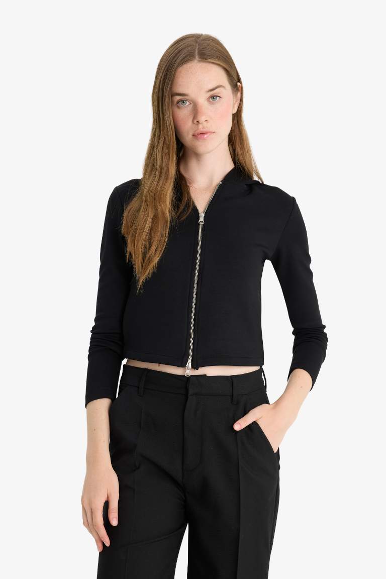 Slim Fit Dar Kesim Kapüşonlu Modal Fermuarlı Sweatshirt